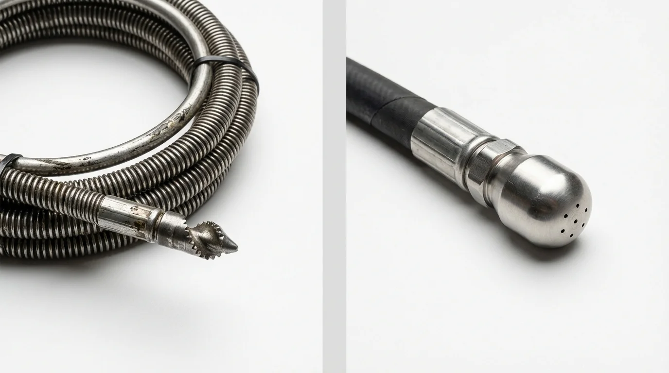 Drain snake cable and hydro jetting nozzle used for drain cleaning in Minetto, NY