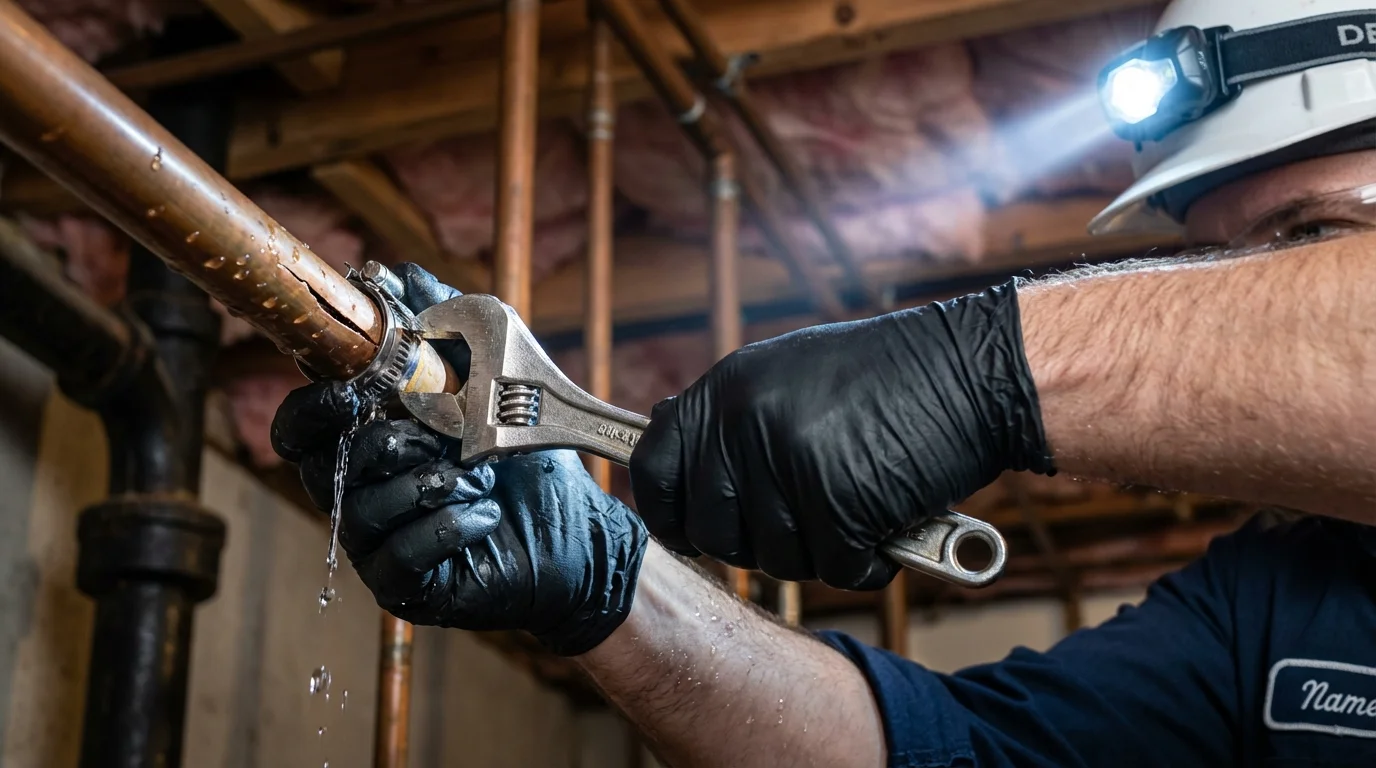 Emergency pipe clamp repair being performed by a Johns Plumbing LLC plumber in Minetto