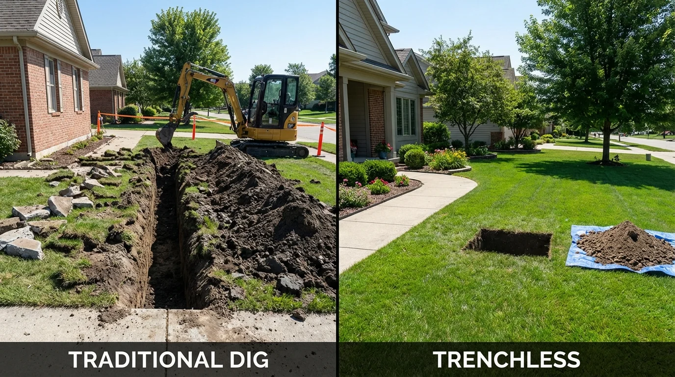 Trenchless sewer repair with minimal yard damage versus traditional excavation in Minetto, NY