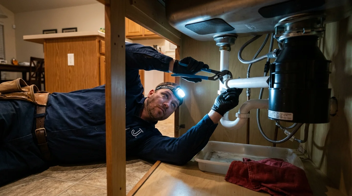 P-trap and supply line connections under a kitchen sink showing a common leak point in Minetto, NY